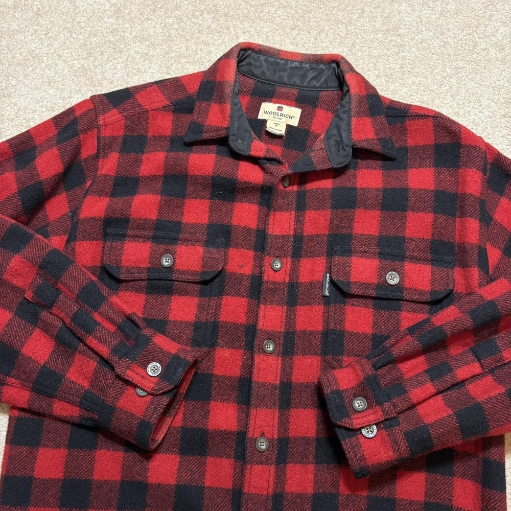 Vtg Woolrich Shirt Mens Medium Red Black Buffalo Plaid Wool Flannel Heavyweight